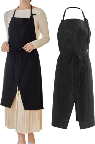 Jeelow Vestido de lino de algodón para cocina, jardín, babero, espalda cruzada, delantal, para mujer, con bolsillos divididos en la parte delantera