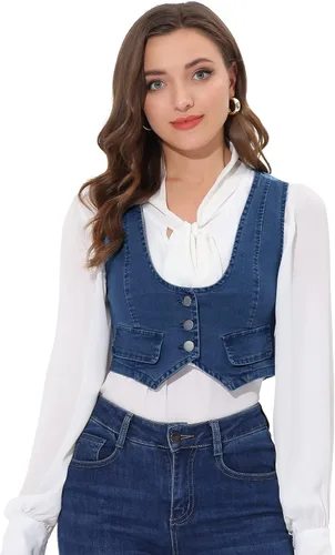 Allegra K Chaqueta corta vintage de mezclilla para mujer, sin mangas, con botones, chaleco de mezclilla, M