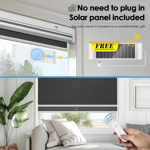 Miniatura 4 de Persianas enrollables opacas motorizadas inteligentes con control remoto y panel solar, persianas eléctricas inalámbricas, USB-C recargable, Negro