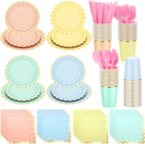 Miniatura 9 de Yaomiao Juego de vajilla desechable de 175 piezas de platos de papel marrón con cuchillo de plástico, cuchara, tenedor, cuchara, decoración de boda
