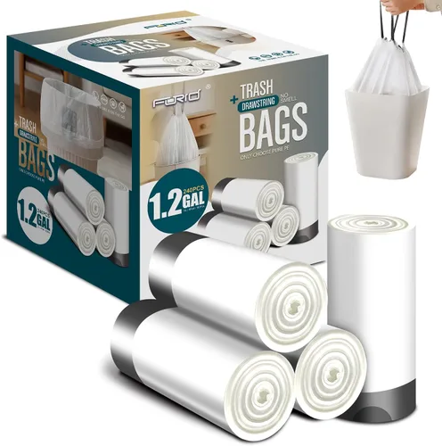 FORID Bolsas de basura pequeñas con cordón – Bolsas de basura de plástico blanco de 1.2 galones, 240 bolsas de basura pequeñas para latas de baño,