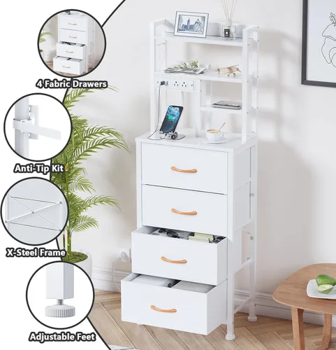 Miniatura 7 de Furnulem - Mesita alta con 3 cajones de tela y luces LED, mesita de noche con estantería, mesas de noche de 45.3 pulgadas de altura con puertos USB