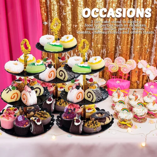 Miniatura 7 de Honeydak 3 juegos de bandejas de 3 niveles para servir postres de 3 niveles, soporte de postre de boda, soporte de plástico de polipropileno