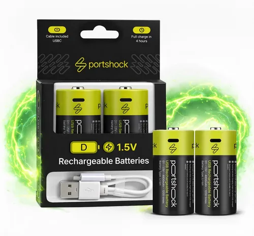 D Baterías recargables USB C (paquete de 2) – 1.5 V 5000 mAh de litio de alta capacidad – 4 horas de carga rápida D baterías con cable para