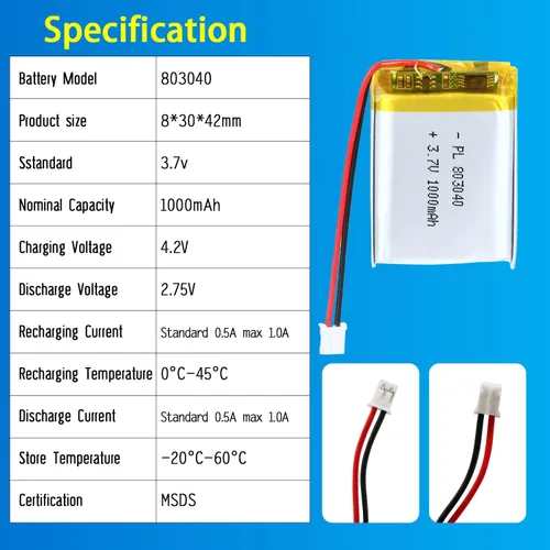 Miniatura 4 de 803040 Batería Lipo 3.7V 1000mAh 803040 Paquete de Batería de Polímero de Litio Recargable con Conector JST PH2.0mm para Dispositivo Electrónico