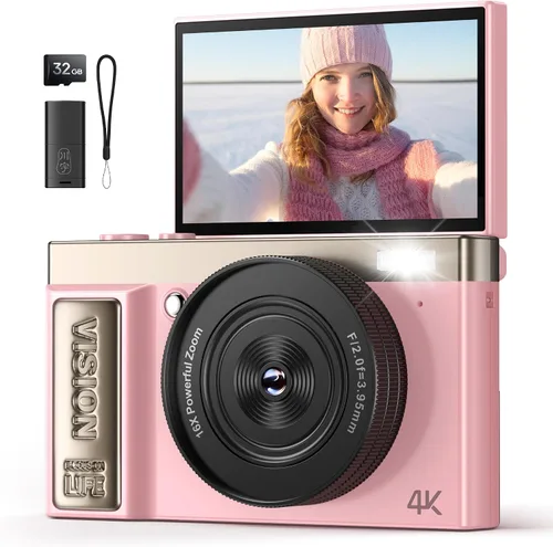 Cámara digital 4K rosa para niñas y adolescentes: cámara de vlogging de 64 MP con pantalla abatible, zoom de 16X, bonita cámara compacta para