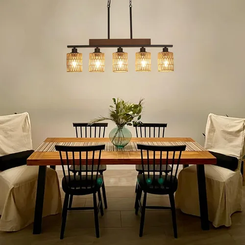 Miniatura 7 de Candelabros de ratán para comedor, iluminación de isla de cocina bohemia, lámpara lineal de 5 luces, lámpara colgante rectangular, candelabros