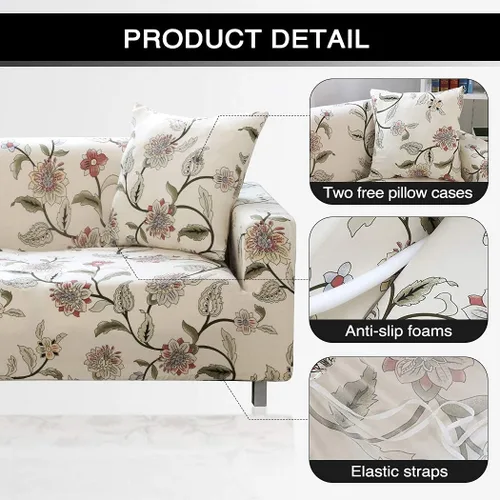 Miniatura 3 de Lamberia - Funda elástica para sofá de 3 plazas con estampado; incluye dos fundas para cojines, modelo New Blooming Flower E-Beige