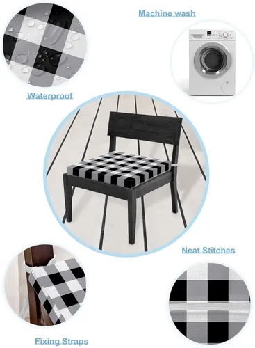 Miniatura 6 de Funda de cojín de asiento impermeable para interiores y exteriores, diseño a cuadros blancos y negros, paquete de 2 con lazos de 20 x 18 pulgadas