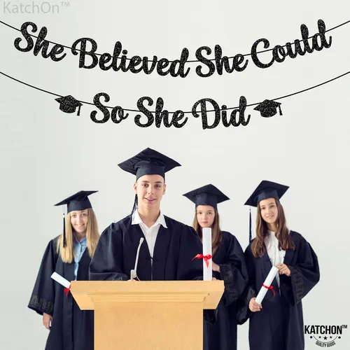 Miniatura 5 de KatchOn, Cartel de She Believed She Could So She Did, con purpurina, 10 pies, sin bricolaje, pancarta negra para decoraciones de graduación 2026