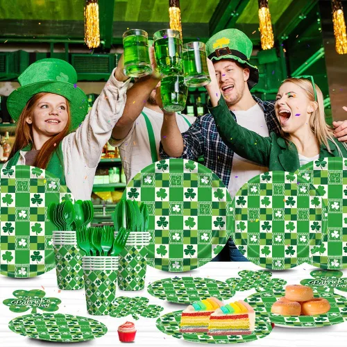 Miniatura 7 de 168 piezas de suministros para fiesta del día de San Patricio, platos de la suerte, servilletas, juego de vajilla de papel de trébol irlandés verde