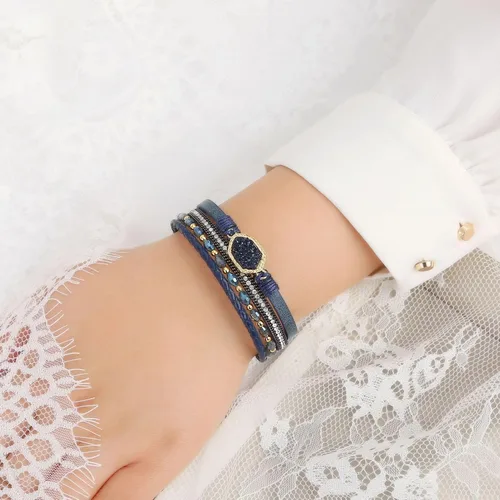 Miniatura 4 de Jewbelet - Pulsera de cuero estilo bohemio con cuentas de cristal con cierre de joyería para mujer