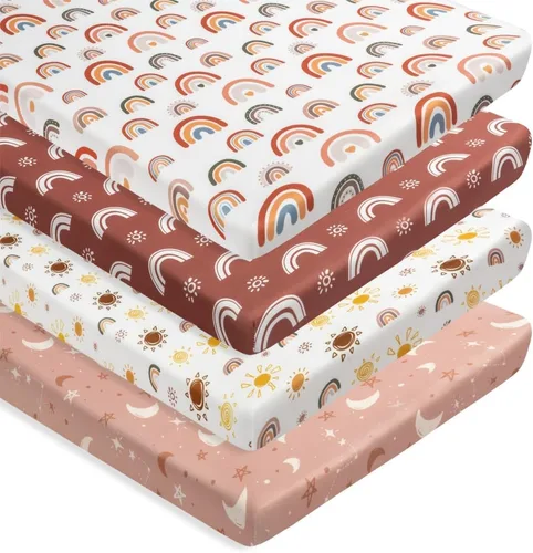Miniatura 6 de Jola's House Paquete de 4 Sábanas para Corral – Sábanas de Minicuna Sábanas Bohemias para Guardería, Diseño de Sol y Arcoíris – Sábanas Ajustables