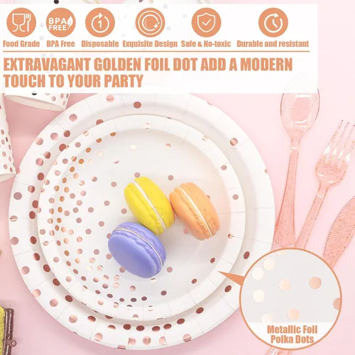 Miniatura 3 de Suministros de fiesta blanco y oro rosa – Juego de vajilla desechable de 350 piezas con platos de papel, servilletas, vasos, tenedores de plástico
