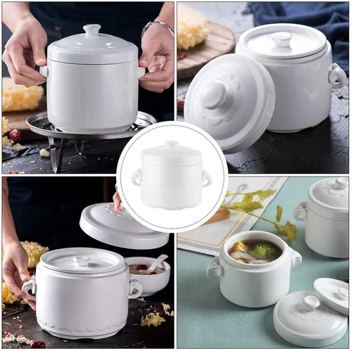 Miniatura 8 de Hemoton Olla de cerámica para estofado de 3.74 x 3.74 x 4.13 pulgadas, pequeña olla blanca con tapa para huevos al vapor, natillas de pájaros, nido
