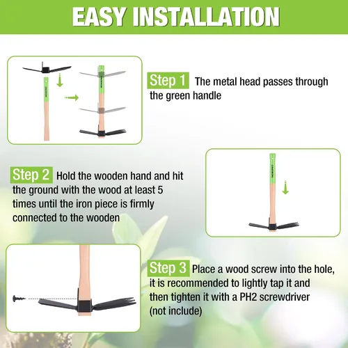Miniatura 2 de WORKPRO Azada y Cultivador Rastrillo de Jardín con Mango de Madera de 14", Hoja de Azada Afilada y Cultivador Resistente de 3 Garras, Herramientas