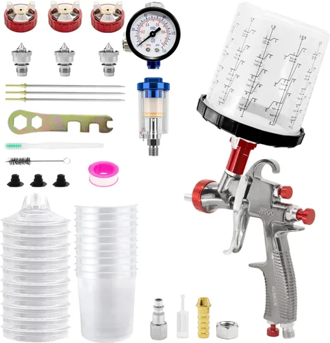 Miniatura 8 de R500 Pistola de rociado de aire LVLP, con boquillas de 1.3/1.7/2.0mm, taza de mezcla de 650ml y 10 tazas desechables, pistola pulverizadora