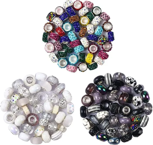 Miniatura 2 de Aipridy Surtido de cuentas europeas de agujeros grandes, cuentas espaciadoras de diamantes de imitación para manualidades, dijes, pulseras y Negro