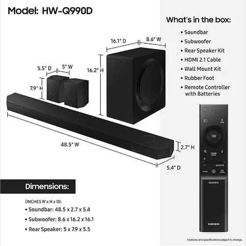 Miniatura 8 de Samsung Barra de sonido Q990D de 11.1.4 canales con audio Dolby Atmos inalámbrico, altavoz trasero incluido HW-Q990D/ZA (modelo 2024) + más 2 años