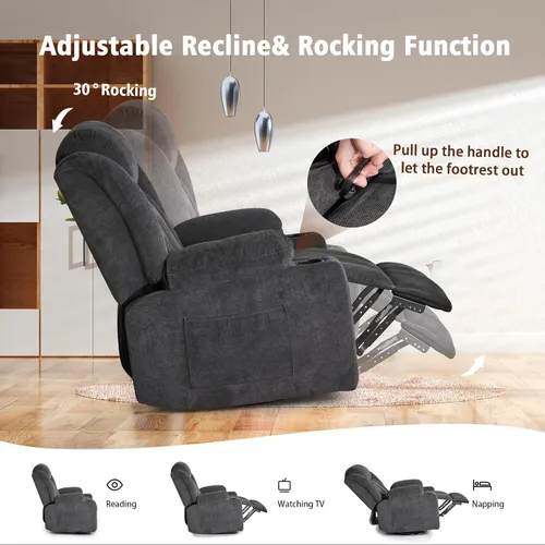 Miniatura 5 de Ketaiyou Rocker - Silla reclinable giratoria para adultos, deslizador reclinable manual grande con masaje y calor, cómoda y suave tela para sala