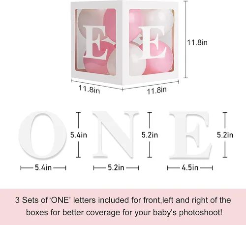 Miniatura 4 de Decoraciones de fiesta de primer cumpleaños para niño o niña con letras individuales de tres cajas cuadradas blancas transparentes, decoración