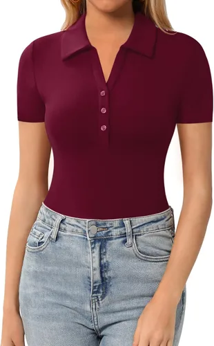 Miniatura 14 de HERLOLLYCHIPS Womens Short Sleeve Tops V Neck Button Down Collared Fitted Shirts