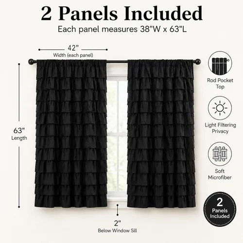 Miniatura 4 de Black Ruffle Curtains 2 Panels, 12-Layer Ruffled Window Panels, Light Filtering Shabby Chic Farmhouse Drapes for Bedroom Dorm Bathroom, Rod Pocket