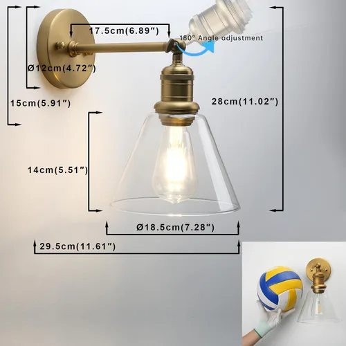 Miniatura 2 de Yosoan Lámpara de pared para interiores, 1 luz moderna de latón antiguo vintage, cableado industrial con embudo acampanado de vidrio transparente