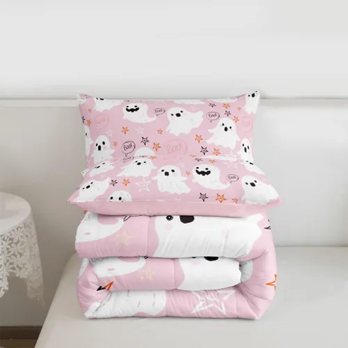 Miniatura 3 de Feelyou Juego de edredón de Halloween, color rosa fantasma, juego de ropa de cama tamaño individual, decoración para niños y niñas, lindo juego