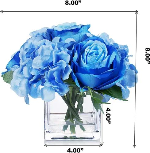Miniatura 5 de ENOVA FLORAL Pequeñas flores falsas de seda azul con jarrón, arreglo floral artificial de rosas mixtas y hortensias en jarrón con agua sintética