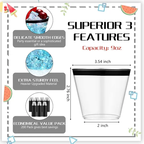 Miniatura 2 de Patelai 200 vasos de plástico con borde de 9 onzas, vasos de vino desechables, vasos de plástico transparente resistentes para fiestas, bodas