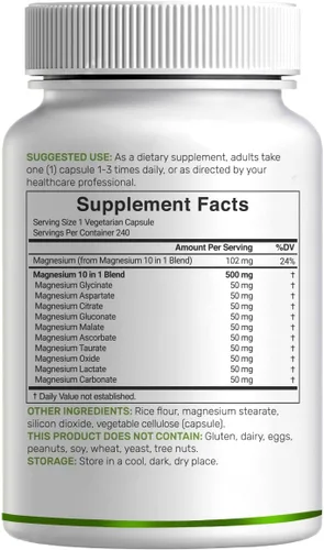 Miniatura 7 de Complejo de magnesio de 500 mg, 480 cápsulas vegetarianas, paquete de 2, glicinato, citrato, malato, óxido y más 100% quelado para una fácil