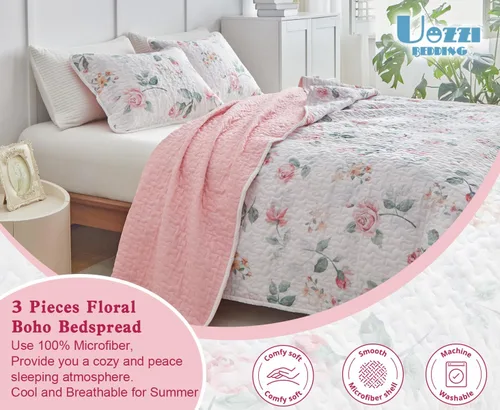 Miniatura 7 de Juego de edredón floral tamaño Queen 88x88 con flores rosas y amarillas, de microfibra suave, ligero, colcha reversible de verano de 3 piezas, juego