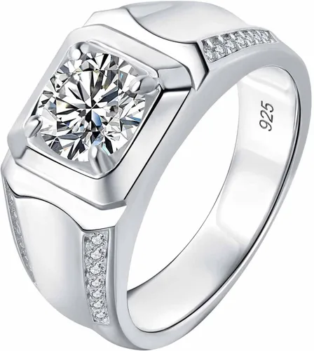 SweetJew Anillo de boda de moissanita para hombre, plata de ley 925, 2cttw D, color VVS1, claridad brillante, corte redondo, anillos de promesa para