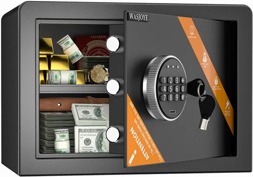 WASJOYE Caja de seguridad para gabinete del hogar, caja fuerte ignífuga de 1.2 pies cúbicos con teclado digital, bloqueo de llave de seguridad,