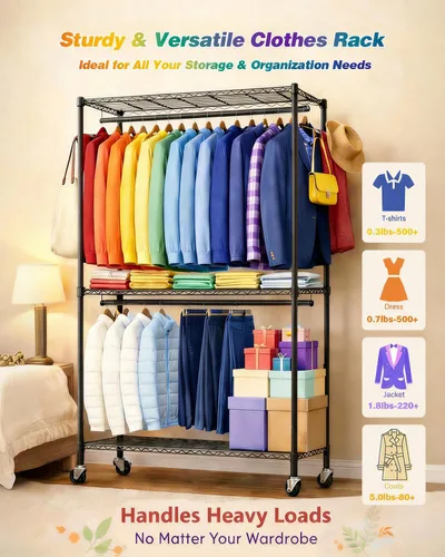 Miniatura 5 de Perchero resistente de acero al carbono con ruedas bloqueables, estantes y ganchos ajustables, estantes de ropa independientes para colgar ropa