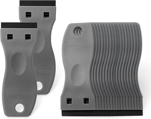 FOSHIO - Herramienta de raspador con 20 cuchillas plásticas grises para remover juntas, adhesivos, sellos y etiquetas en ventanas y vidrio
