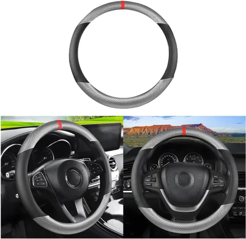 Miniatura 10 de LoyaForba Funda de volante de fibra de carbono para coche, cuero de microfibra transpirable para mujeres y hombres, protector de volante Café