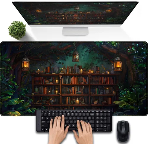 Miniatura 20 de Tapete de escritorio de bosque anime, lindo tapete de mouse verde, tapete de escritorio completo Kawaii estético XXL para juegos Mousemat XL