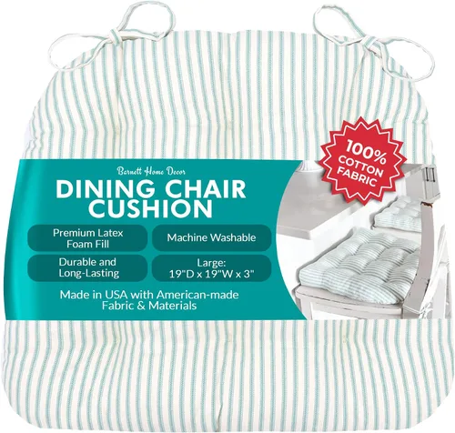Miniatura 155 de Barnett Home Decor Ticking Stripe Berlin Blue - Almohadilla para silla de comedor con lazos, tamaño mediano 18, relleno de espuma de látex, lavable