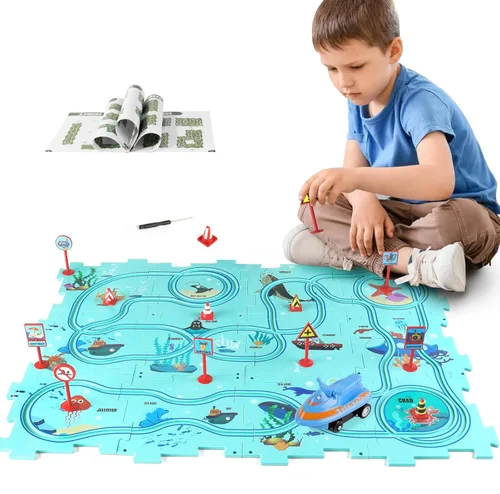 Miniatura 8 de Rompecabezas de Piso de Plástico para Niños con Coche de Juguete de Avión, Conjunto de Juego de Coches de Pista con Rompecabezas, Juguetes