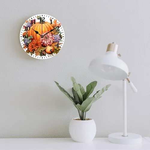 Miniatura 6 de Reloj de pared de madera Country Autumn Harvest Acuarela Calabaza Flores Redondo Reloj Decorativo de Calidad Cuarzo Sin Ticking Otoño Acción