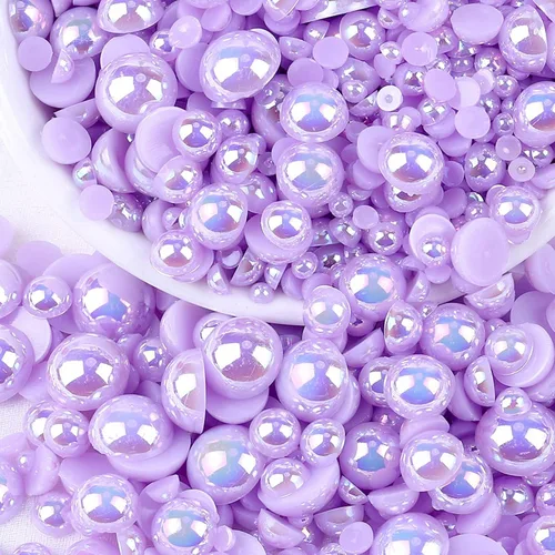 Miniatura 43 de Perlas con parte trasera plana para manualidades, 50g Mezcla Azul Rosa Blanco Medias perlas para manualidades, Tamaño mixto 3/4/5/6/8/10mm Perlas
