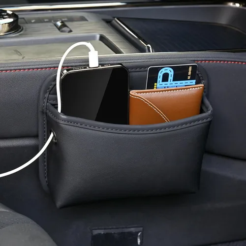 Miniatura 5 de JEYODA Bolsillo de almacenamiento lateral para asiento de auto, organizador pequeño, bolsa organizadora lateral de consola de cuero sintético