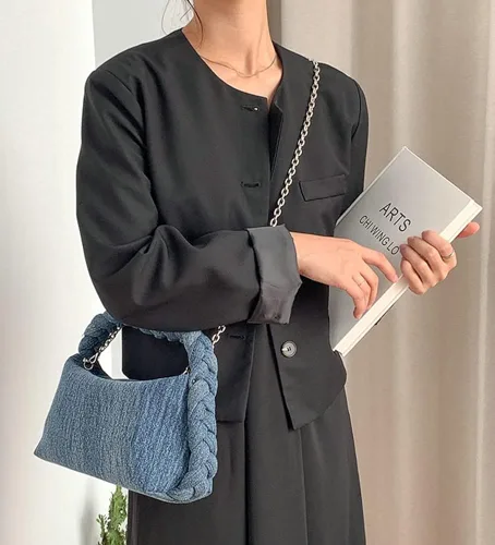 Miniatura 3 de Bolso de mano de mezclilla para mujer, bolso de mano tejido a mano, bolso cruzado casual, bolso de hombro, bolso de mensajero de cadena de moda