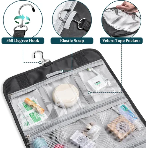 Miniatura 3 de PAVILIA - Neceser colgante para mujer y hombre, kit de viaje plegable organizador de artículos de tocador, bolsa de cosméticos enrollable, estuche