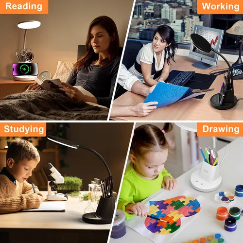 Miniatura 7 de Lámpara de escritorio Vicsoon con cargador inalámbrico, lámpara de escritorio LED para oficina en casa con soporte para bolígrafo, luz de escritorio