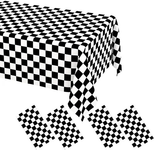 Miniatura 31 de WNINK Paquete de 2 manteles desechables a cuadros negros y blancos con tema de coche de carreras para fiesta, mantel a cuadros negros