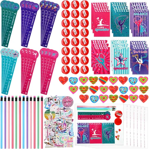 Fulmoon 194 piezas de recuerdos de fiesta de gimnasia, mini bloc de notas, lápices lindos, marcadores divertidos, regla, sacapuntas, borradores,