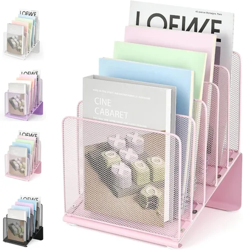 LEKETREE Organizador de archivos para escritorio, organizador de escritorio con estante vertical de archivos de 5 secciones, organizador de Rosa